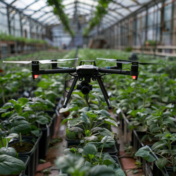 無人機(jī)在裝滿植物的溫室中飛行