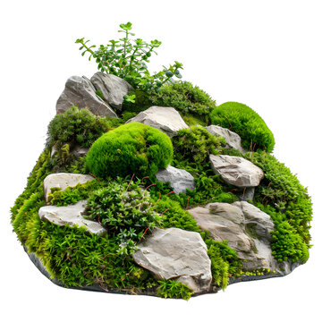 [免摳素材]白色背景上的綠色苔蘚和巖石景觀