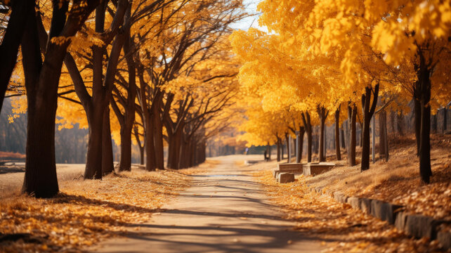 秋天的公園里一條鋪滿金黃落葉的小路