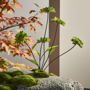 石頭花瓶里的綠色花朵