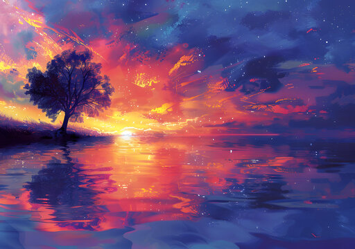 奇幻日落湖畔樹