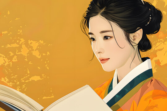 身穿韓國傳統(tǒng)服飾的年輕女子肖像