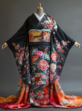 身穿黑色花卉和服的