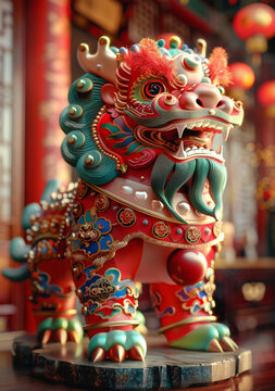 一只紅色和綠色的中國獅子雕像細節(jié)復雜