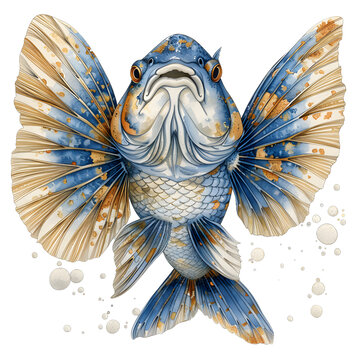 [免摳素材]一條水彩畫的藍色和黃色魚，它的鰭張開了