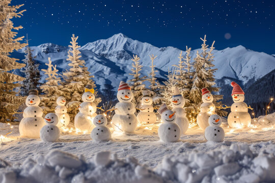 雪人家族在冬季仙境的聚會(huì)