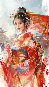 身穿紅色和服撐著紅色雨傘的美麗日本女人的插圖