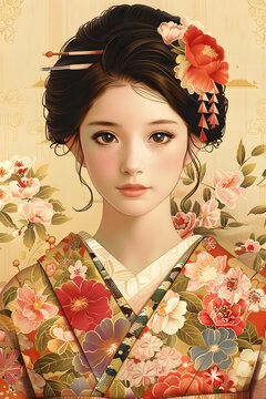 身著花卉和服的美麗亞洲女性