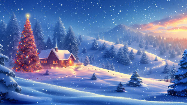 雪夜山中溫馨的圣誕小屋