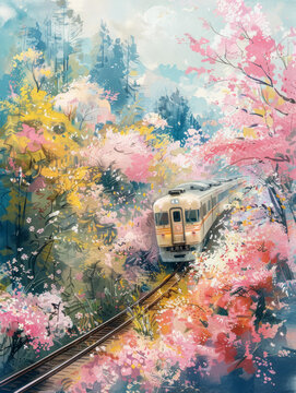 火車駛過櫻花盛開的森林