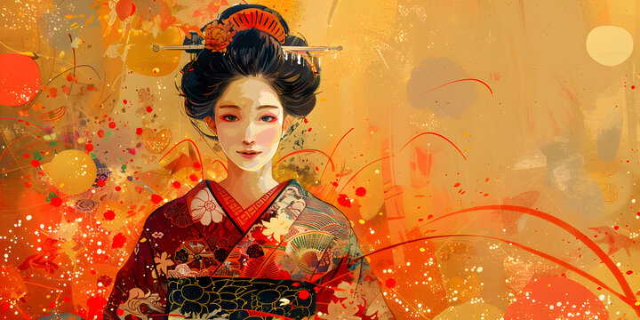 一個身穿紅色和白色圖案和服的日本女人的插圖，黃色背景