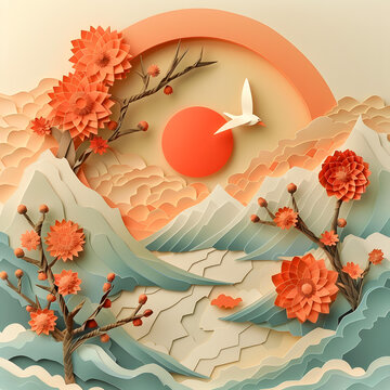 一幅山水畫，畫中有山、有花、有鳥