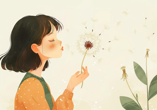 女孩吹蒲公英插圖