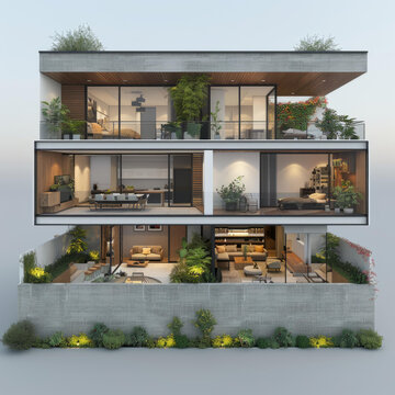 三層現(xiàn)代住宅有大窗戶和植物