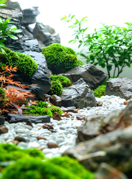 青苔巖石和鵝卵石花園