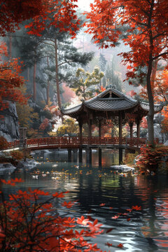 日式庭院秋色紅橋