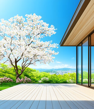 現(xiàn)代房屋木質(zhì)陽臺(tái)櫻桃花樹景觀