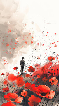 一戰(zhàn)期間一名士兵在紅色花田里