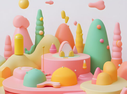 3D渲染的抽象彩色山丘和建筑景觀