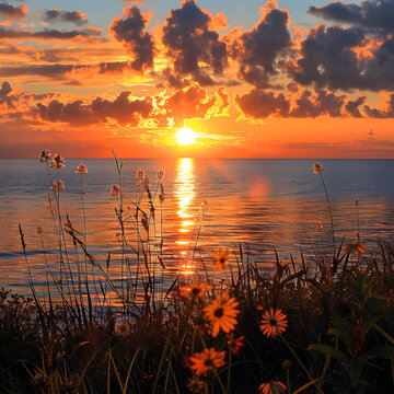 金色夕陽下的海邊花朵