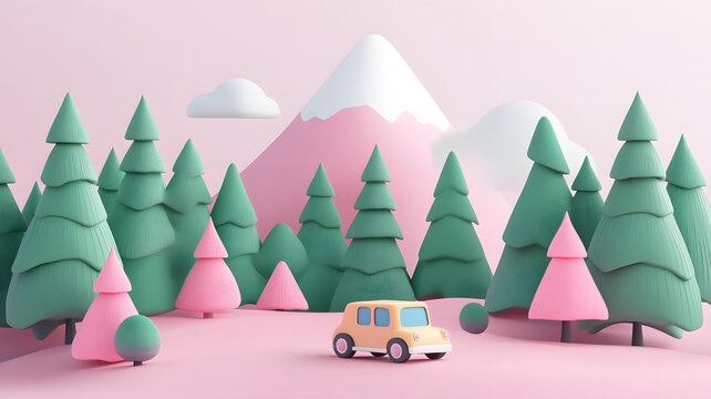 卡通風格粉紅色山脈森林場景與汽車