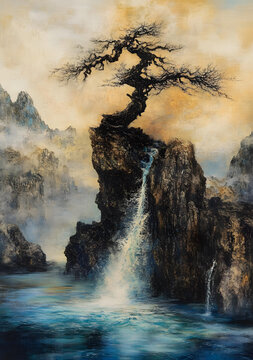 山間瀑布風(fēng)景畫(huà)