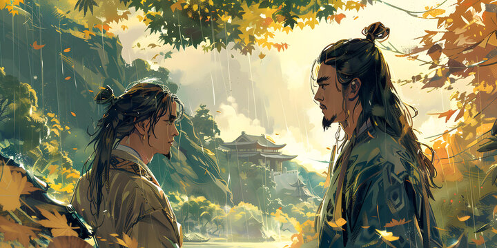 古風(fēng)兩個(gè)人在樹(shù)林里相對(duì)而立