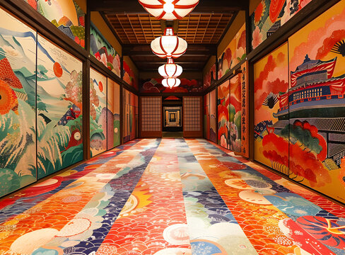 日本京都傳統(tǒng)日式旅館內(nèi)部的長走廊