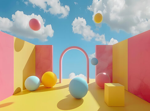 彩色幾何圖形拱門(mén)云朵抽象3D渲染