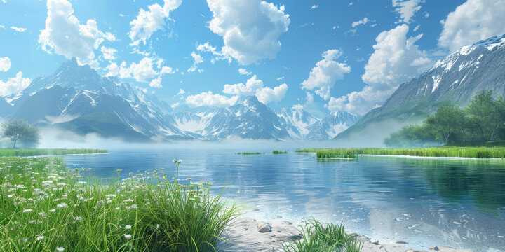 夏日寧靜：壯麗山脈，寧靜湖泊，蔥郁草甸