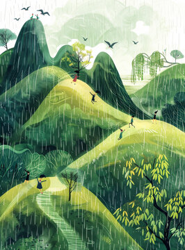 雨中漫步在山野的人們