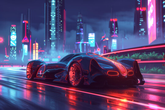 未來(lái)派汽車在霓虹都市街道上飛馳