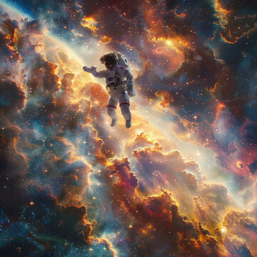 身穿白色宇航服的宇航員在浩瀚的宇宙中漫步