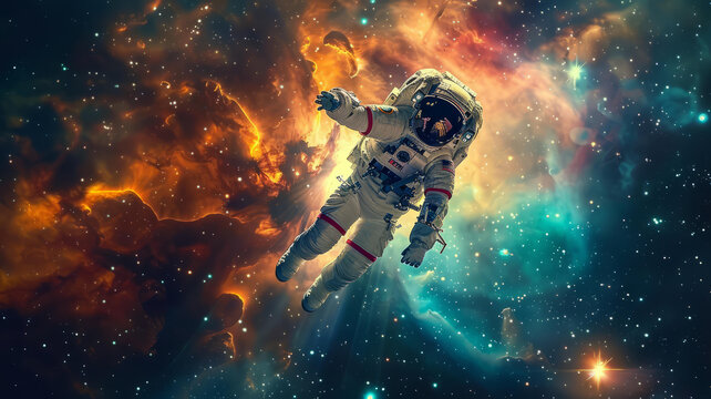 身穿宇航服的宇航員在浩瀚的宇宙中遨游
