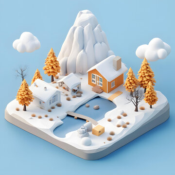 低多邊形冬季雪景山川房屋