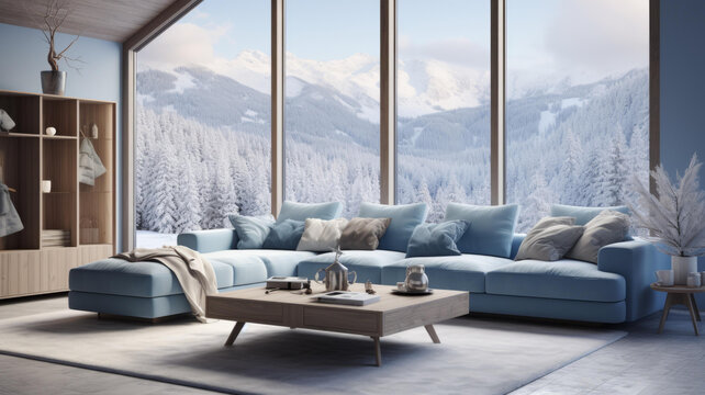 藍天白雪映襯下的現(xiàn)代風(fēng)格小屋