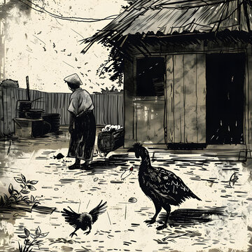 鄉(xiāng)村田園風格黑白：一位婦女和一只鳥