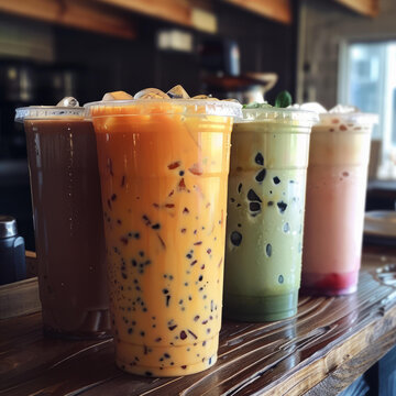 五杯裝有各種冷飲的塑料杯子放在木制桌子上