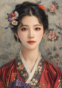 身穿韓國傳統(tǒng)服飾的年輕女子肖像