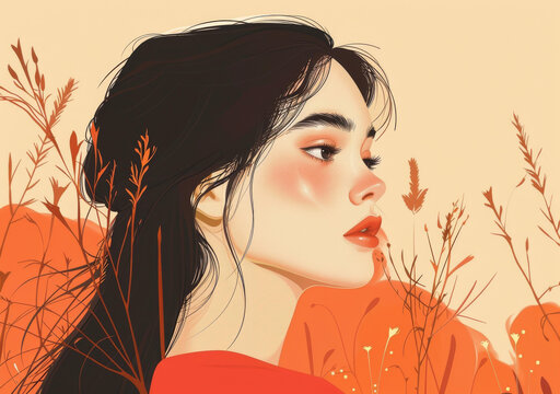紅衣女人與花卉的