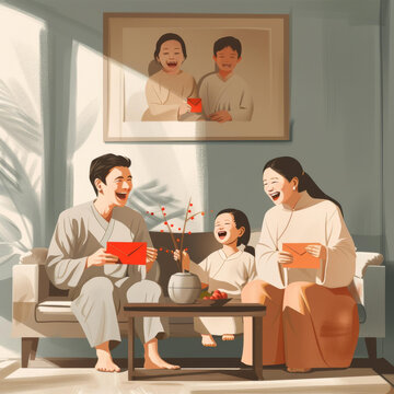 幸福的一家人在慶祝春節(jié)