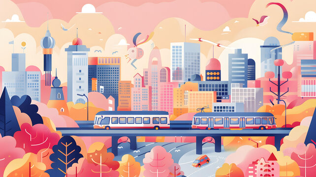 城市景觀，色彩鮮艷的建筑和公共汽車(chē)