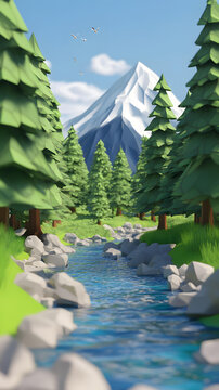 低多邊形森林溪流與山脈背景