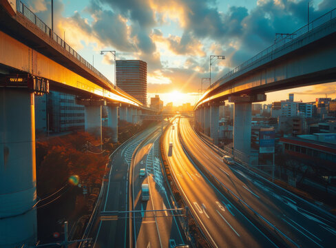夕陽下的城市高架快速路