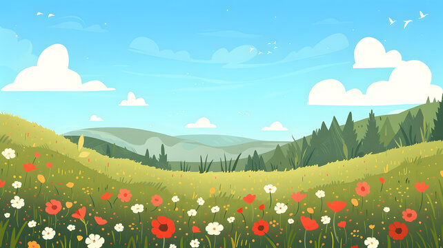 綠色山丘和彩色花朵的美麗夏季風(fēng)景