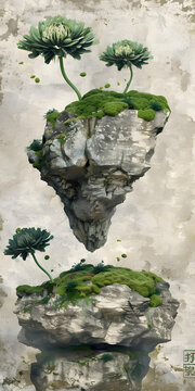 懸浮在空中的巖石與綠色植物
