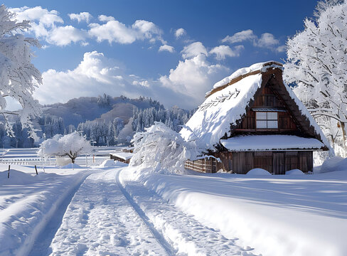 白雪皚皚的茅草屋頂房屋