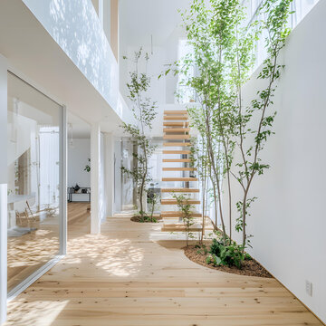 室內(nèi)植物和木質(zhì)樓梯的現(xiàn)代極簡主義住宅室內(nèi)設(shè)計