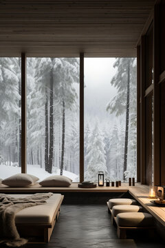 現(xiàn)代住宅落地窗外的雪林景觀(guān)