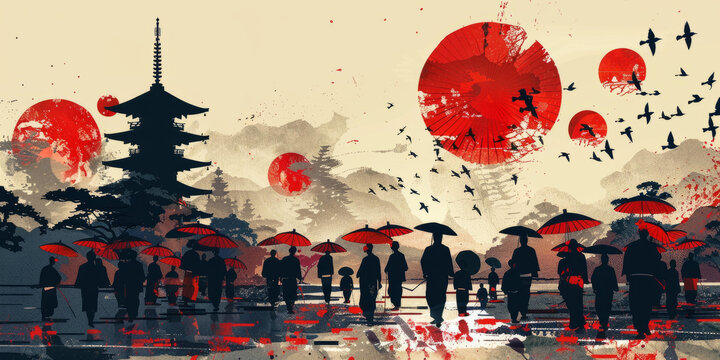 一群人撐著傘走在日本的街道上背景是富士山